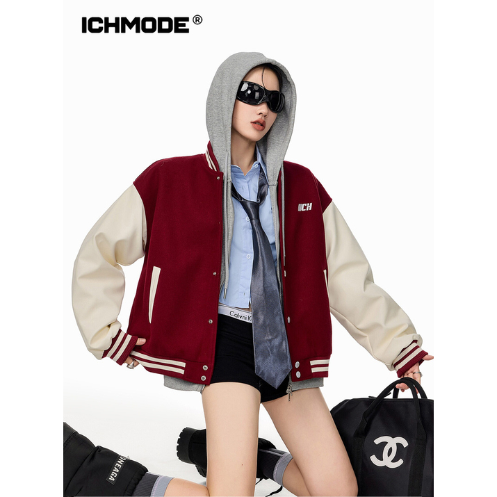 ICH MODE 美式复古红色棒球服外套女春秋季新款运动夹克开衫上衣