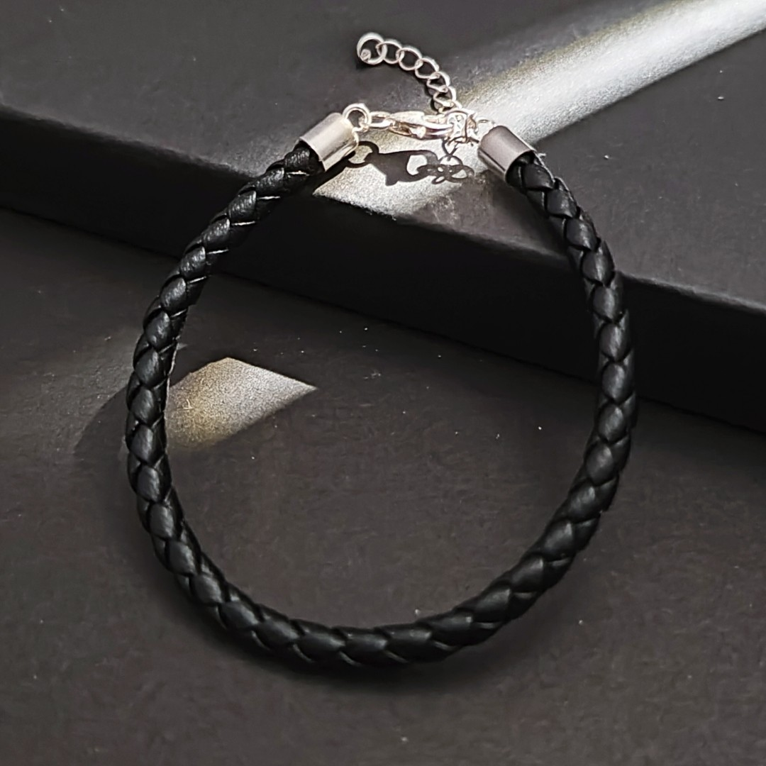 925银皮质手链 绳体直径5mm 纯银扣头 黑色皮绳手绳编织【4406】