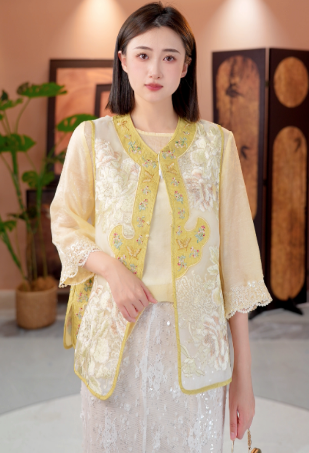 [春江赋]H6180初夏南油档口国潮中试牡丹刺绣百搭马甲 412小白