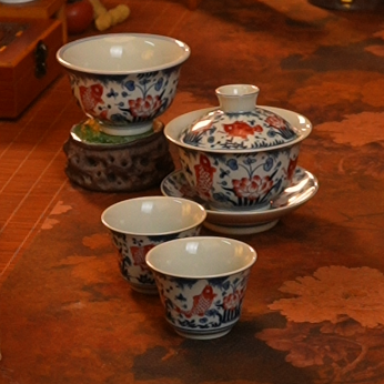 复古青花鱼戏荷塘一盖碗一主人杯二客杯套组功夫茶具套装