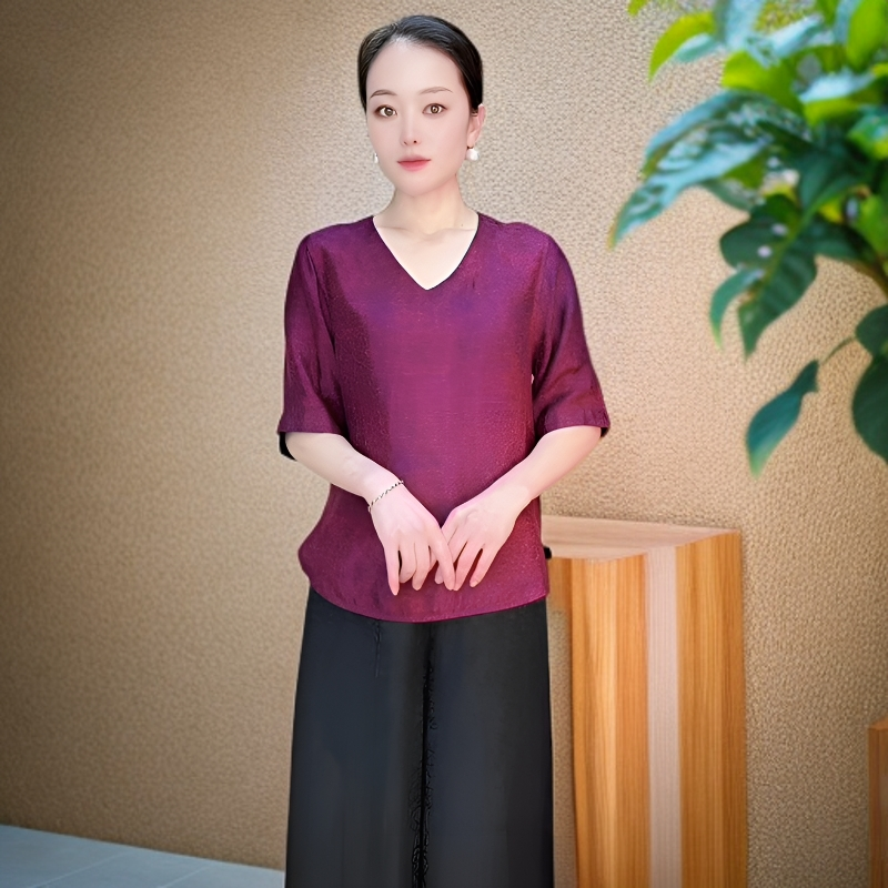 老料龟裂纹高端双面穿中袖小衫气质妈妈装中年