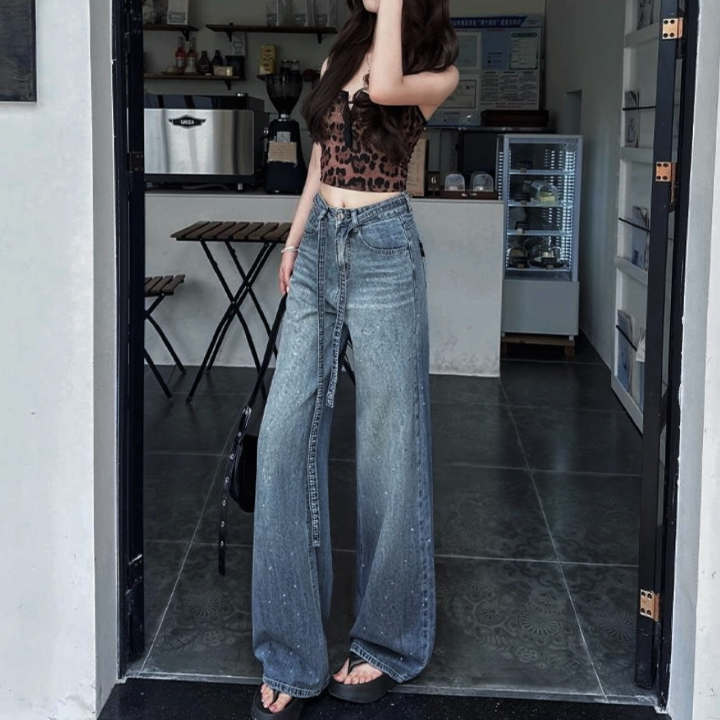 【运费险+腰带】满天星渐变色烫钻冬季新款休闲宽松阔腿女牛仔裤000