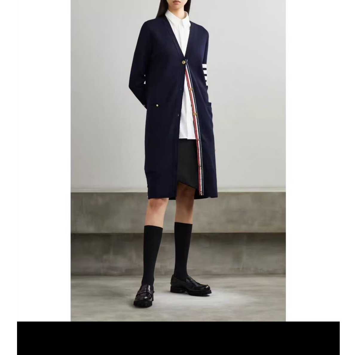 99新 THOMBROWNE 葡萄籽奢潮/四条纹V领长款羊毛开衫女装/40码