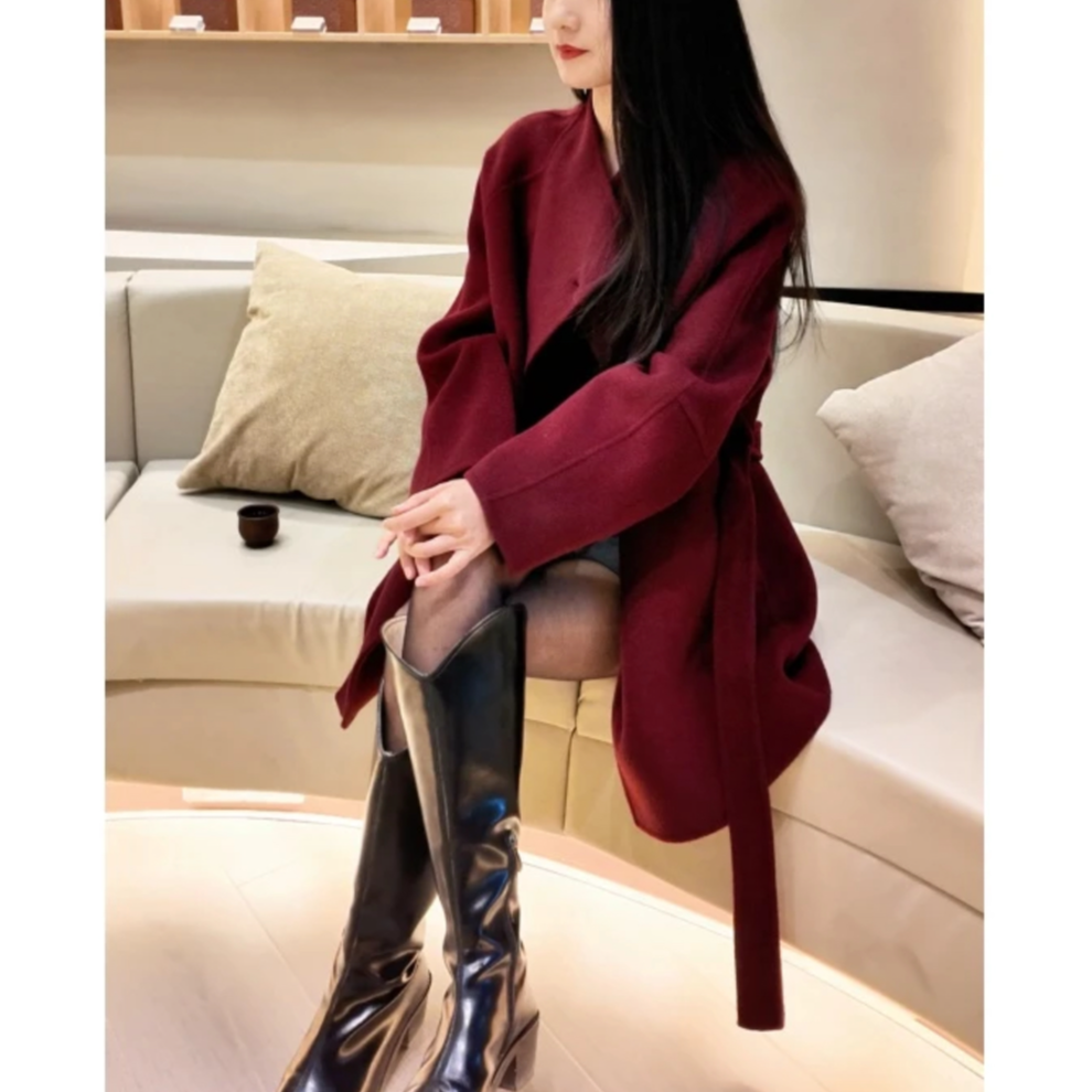 棠【车厘子红】红色大衣羊毛外套中长款冬纯手工缝制双面羊毛外套