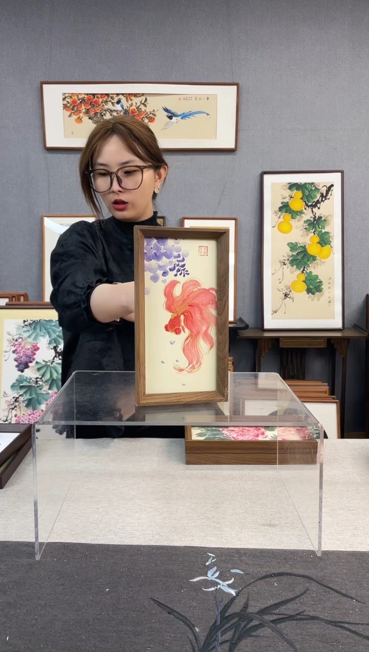 【闪购商品】国画手写手绘带框作品-16*29-紫藤鱼