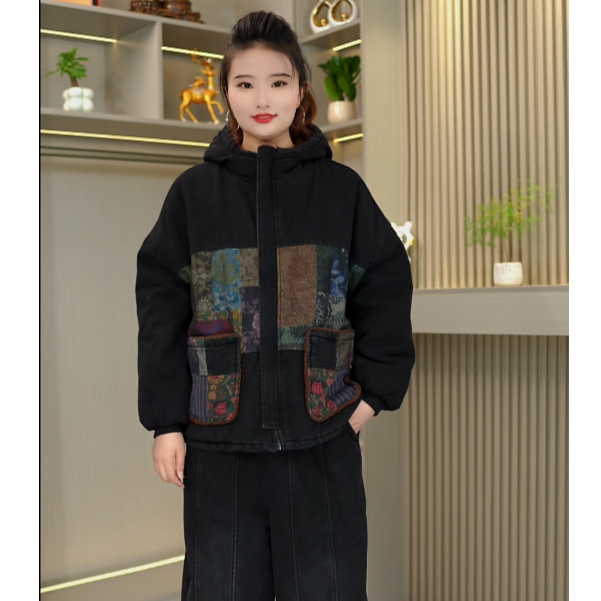 冬季新款加绒加厚复古连帽牛仔棉服时装时尚百搭外套保暖宽松棉衣