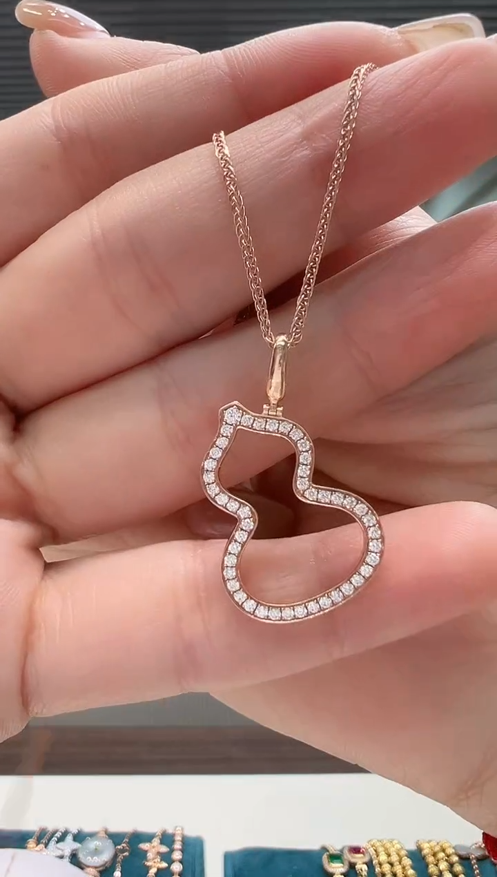 【闪购商品】钻石吊坠(不含链)18K金镶嵌满钻镂空葫芦吊坠K红