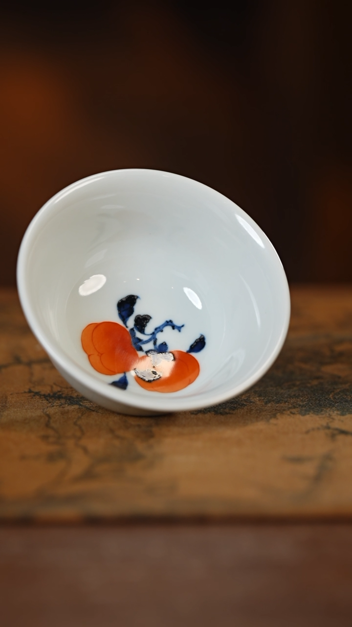 【闪购商品】杯小卿亭 青花矾红柿柿如意小压手杯