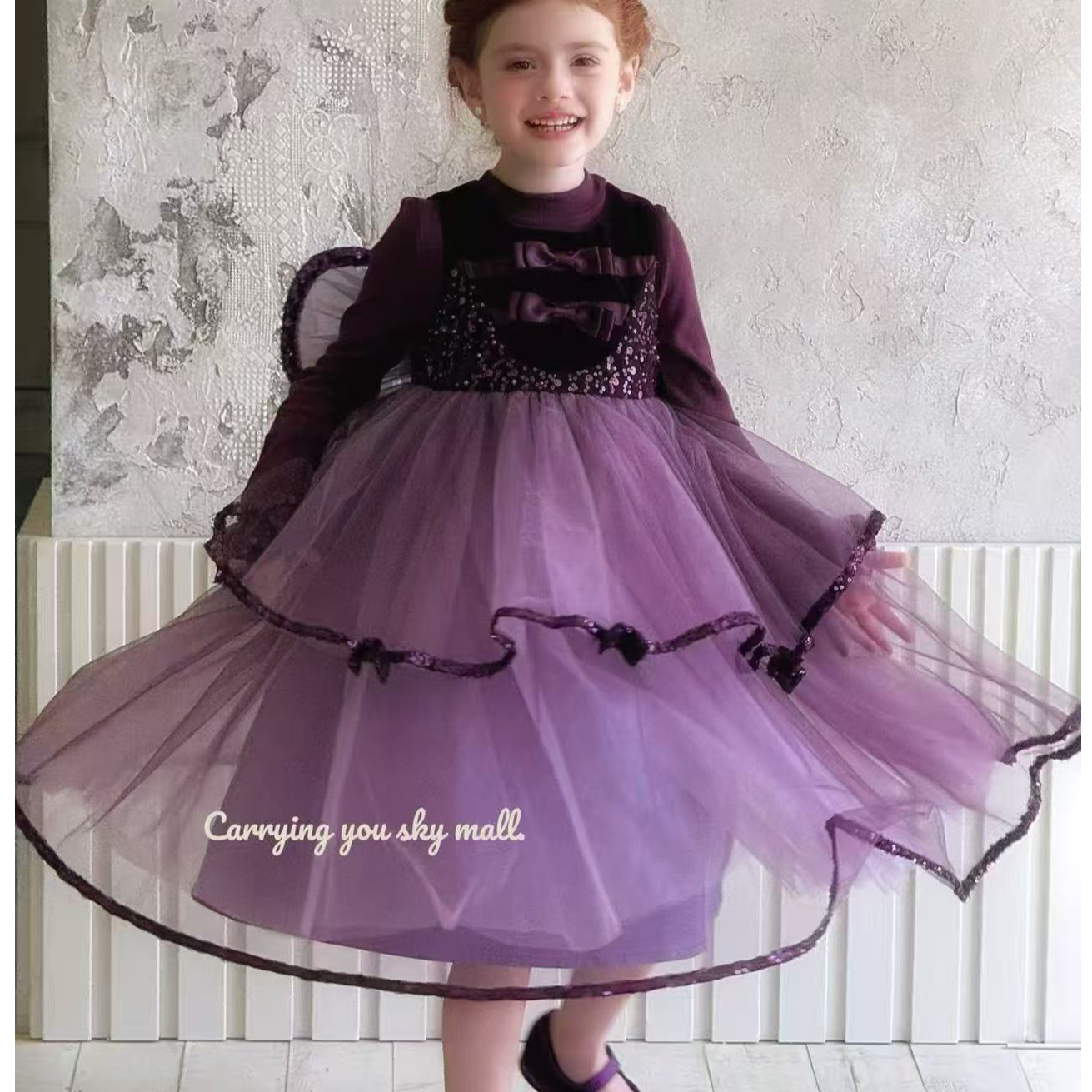 TK•25秋~时尚甜美蝴蝶结公主背心裙90922紫色11--11