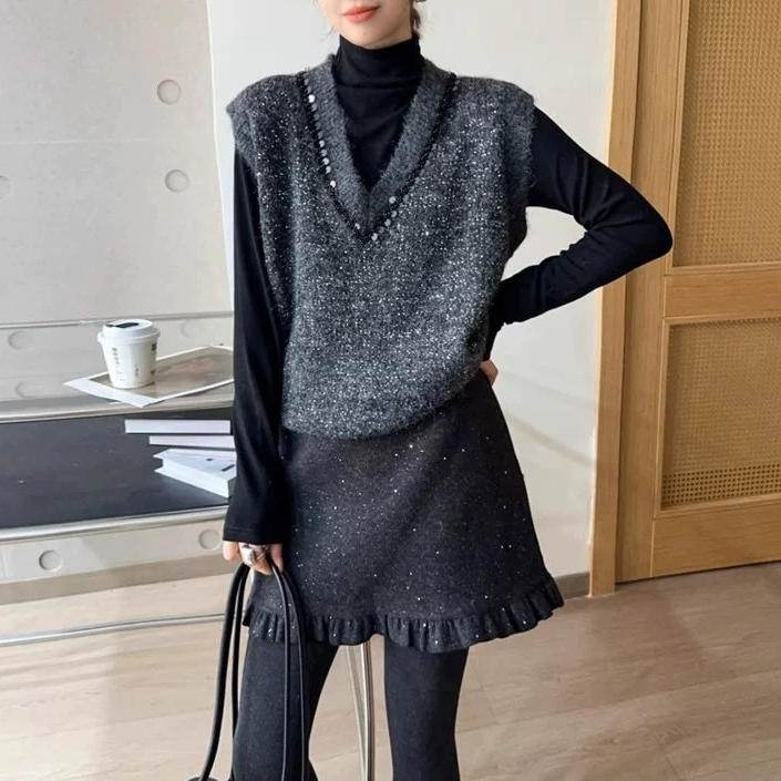 针织灰色亮片马夹上衣厚款百搭无袖马夹套装