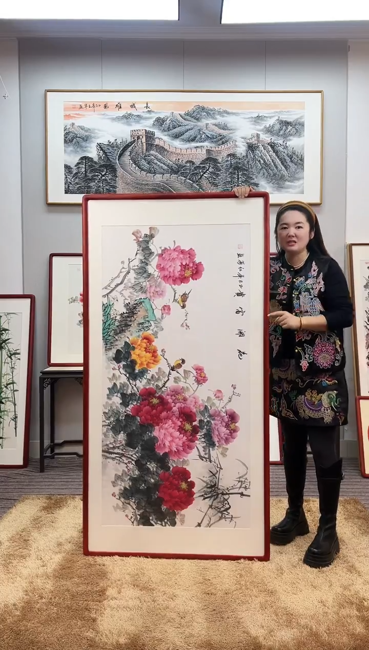 国画手绘牡丹163*83尺寸