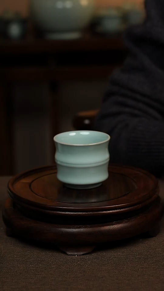 瓷片天青色全手工竹节杯100ml微瑕不带礼盒