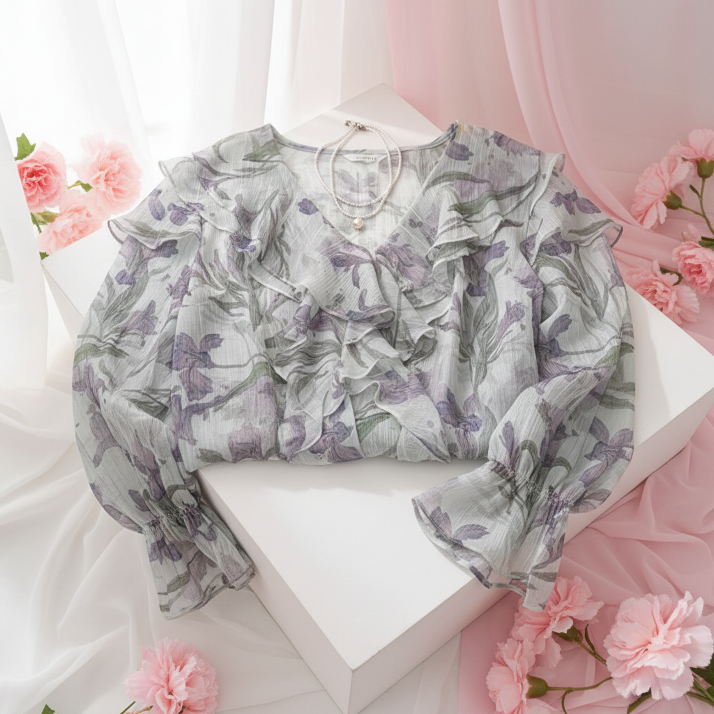 洋气甜美碎花荷叶领印花雪纺衫蓝色花上衣时尚长袖复古小衫夏336