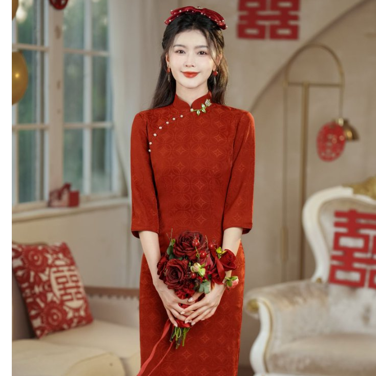 修身气质立领日常提花旗袍中式新中式酒红色772