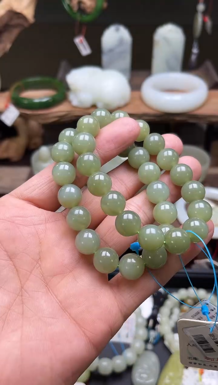 【闪购商品】和田玉手串未镶嵌青海湖水绿卡12圆珠 多样性发一