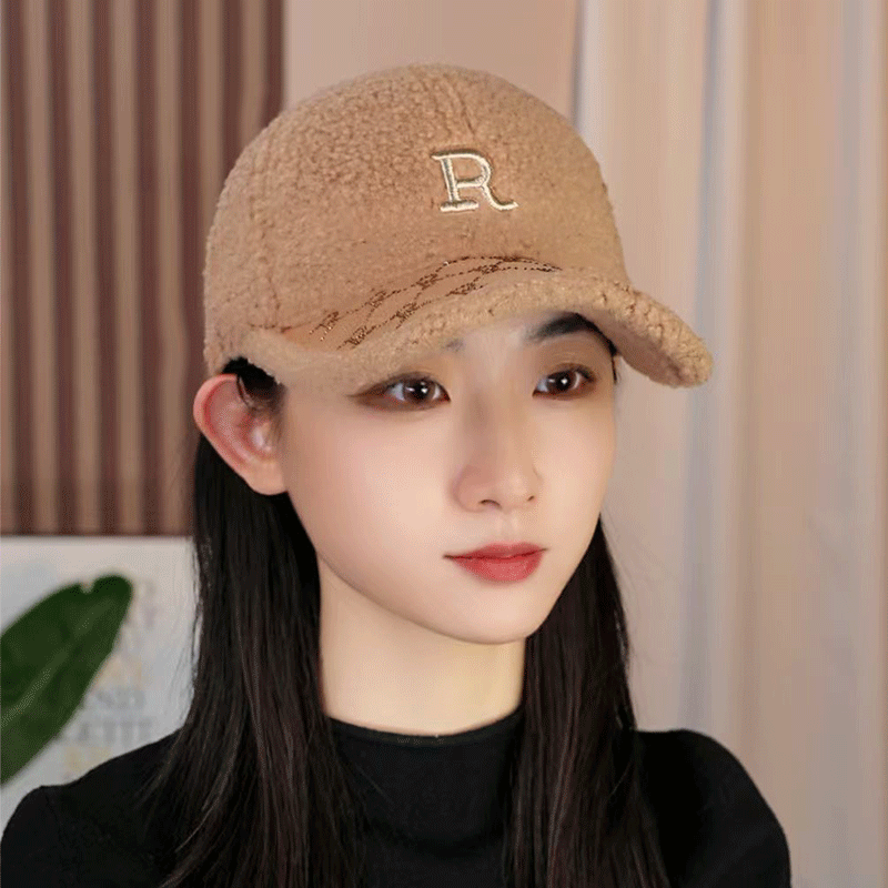 秋冬新款羊羔毛钻绒棒球帽大头围加厚保暖刺绣男女同款鸭舌帽