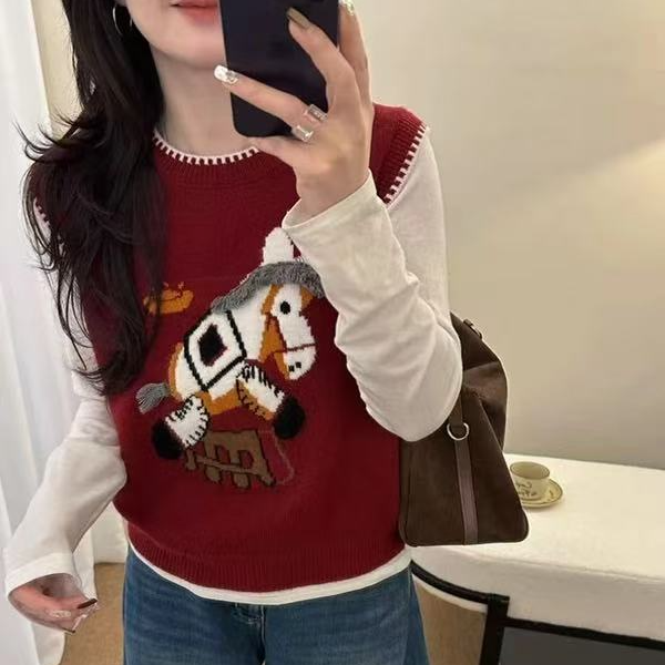 小马提花针织衫女宽松毛衣马甲圆领马年红色上衣