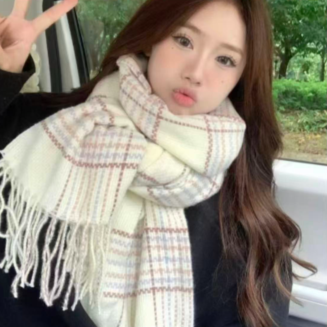 冬季百搭休闲风极简风条纹围巾披肩网红拉毛加厚男女通用