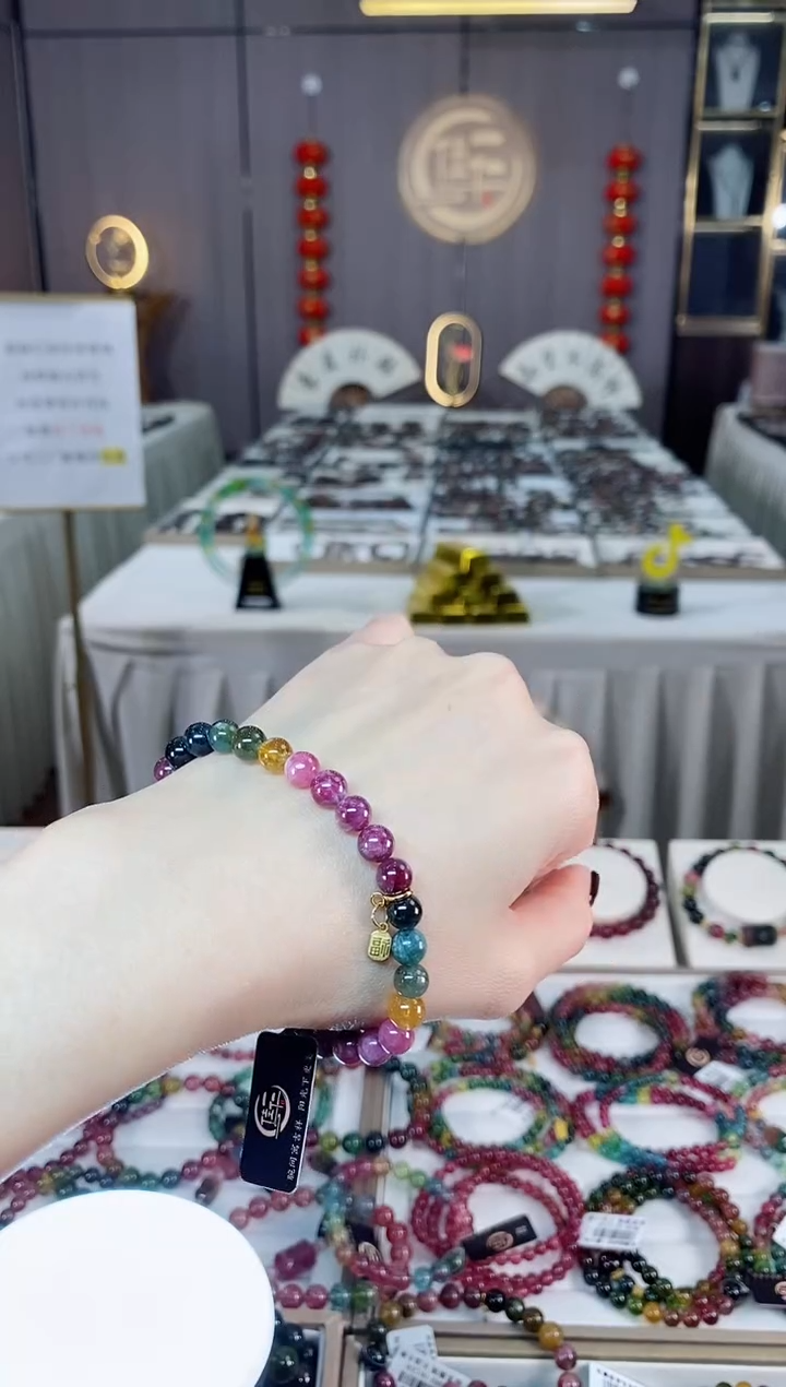 未镶嵌老矿碧玺色标彩虹单圈手串6mm+碧玺dan多样性发货一条