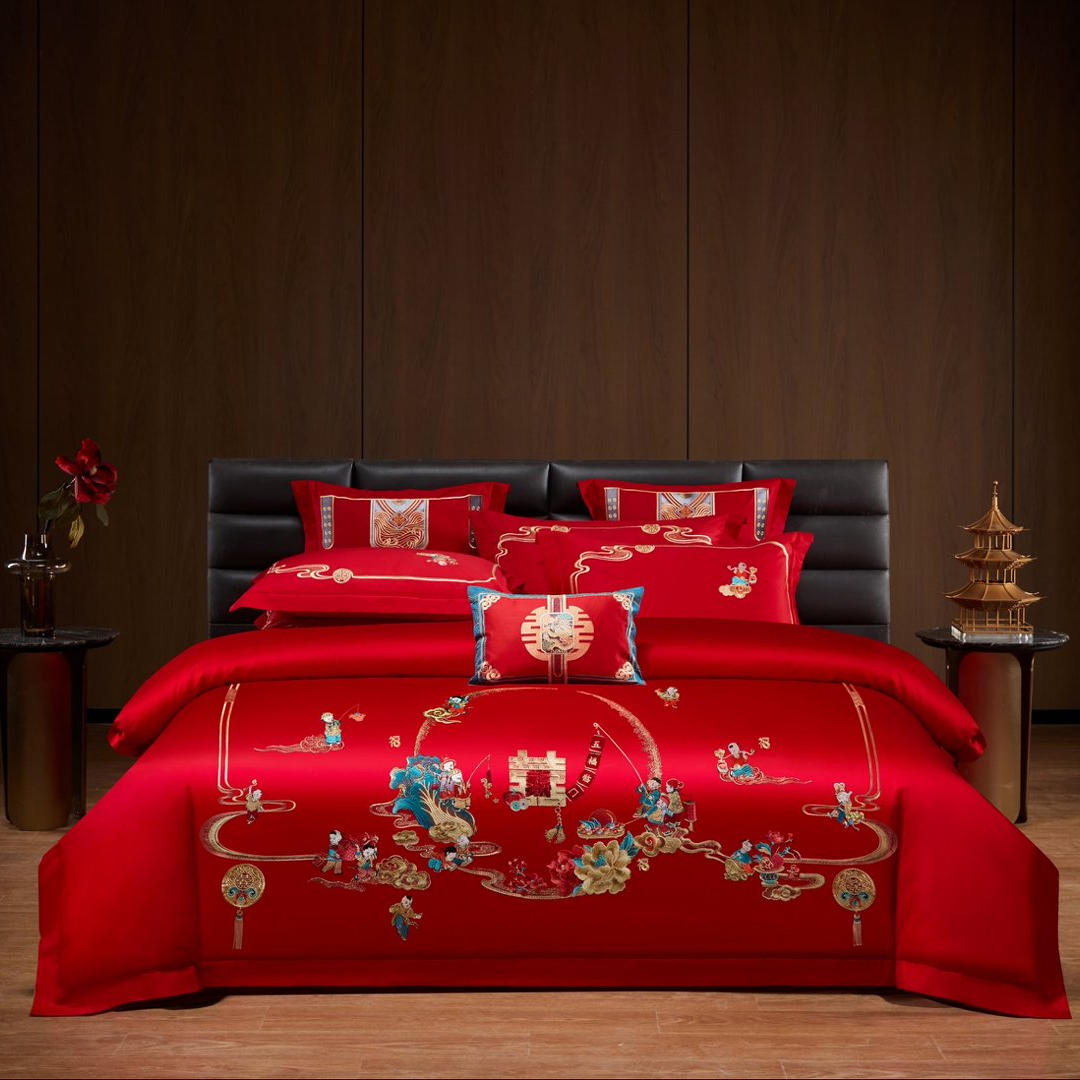 UK婚庆【早生贵子】大红色绣花婚庆结婚刺绣婚房四件套加厚