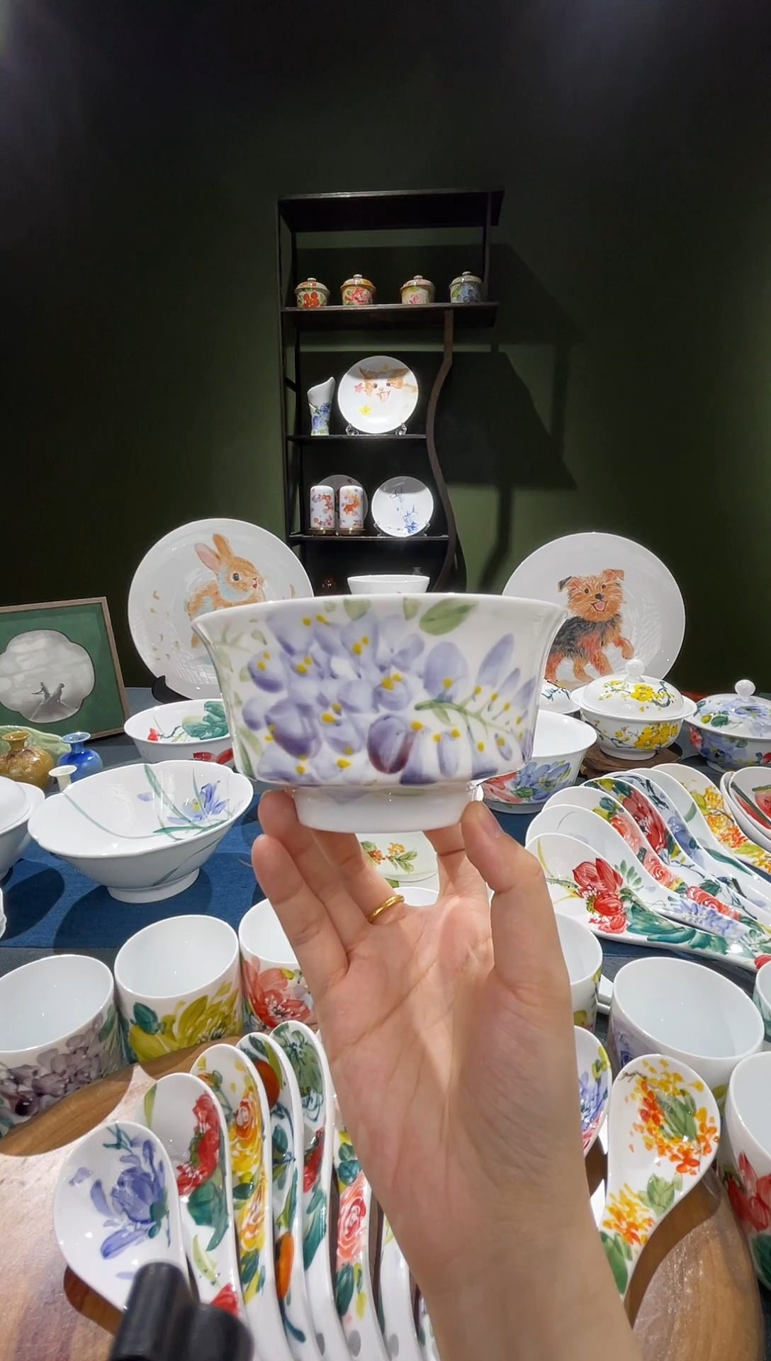 碗景德镇高温釉下彩4.75英寸金钟碗紫藤