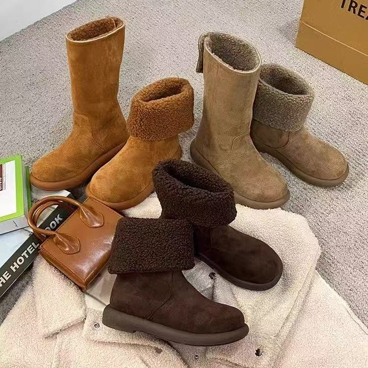 爆款磨砂皮羊羔绒毛毛鞋翻领两穿雪地棉鞋短靴显瘦时尚套筒女靴潮