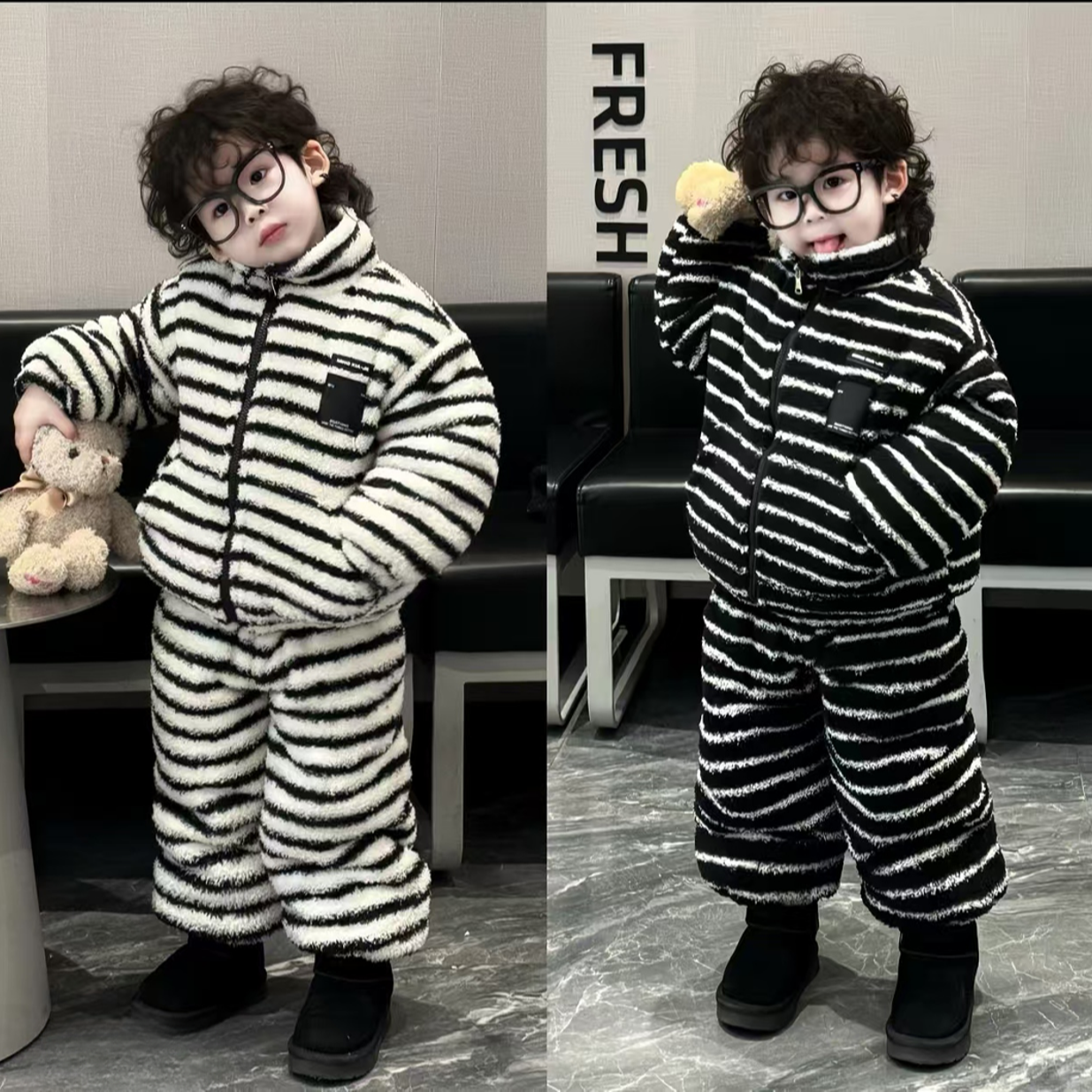 【巨厚】儿童条纹三层加厚夹棉家居服套装男女宝2025新款保暖两件套