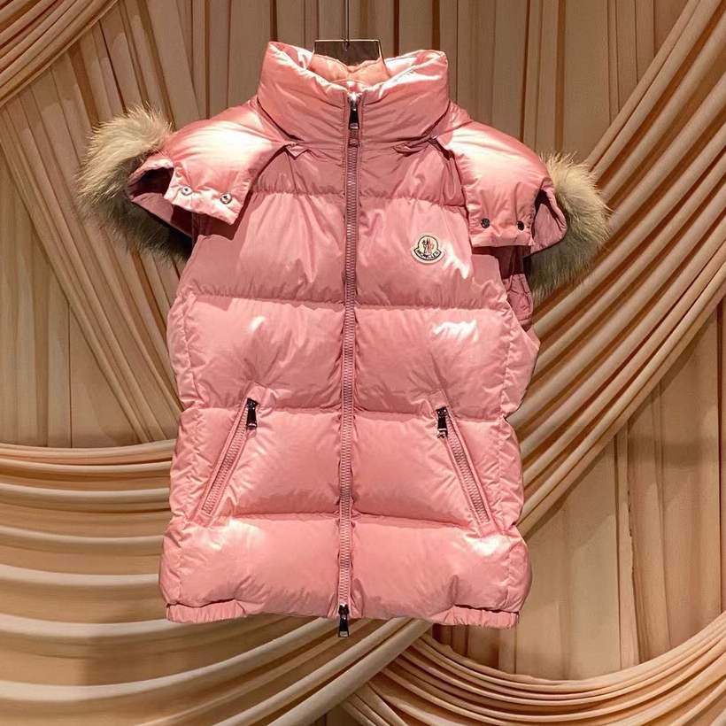 99新 MONCLER 汤/P245825451/ 粉色 Gallinule 毛领马甲 1码