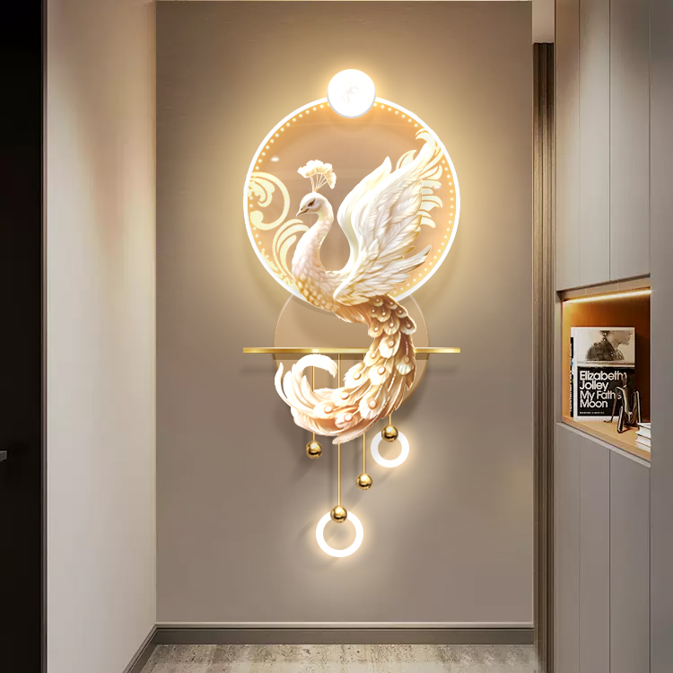 奶油风玄关装饰画孔雀走廊尽头创意壁灯挂画简约led立体发光壁画