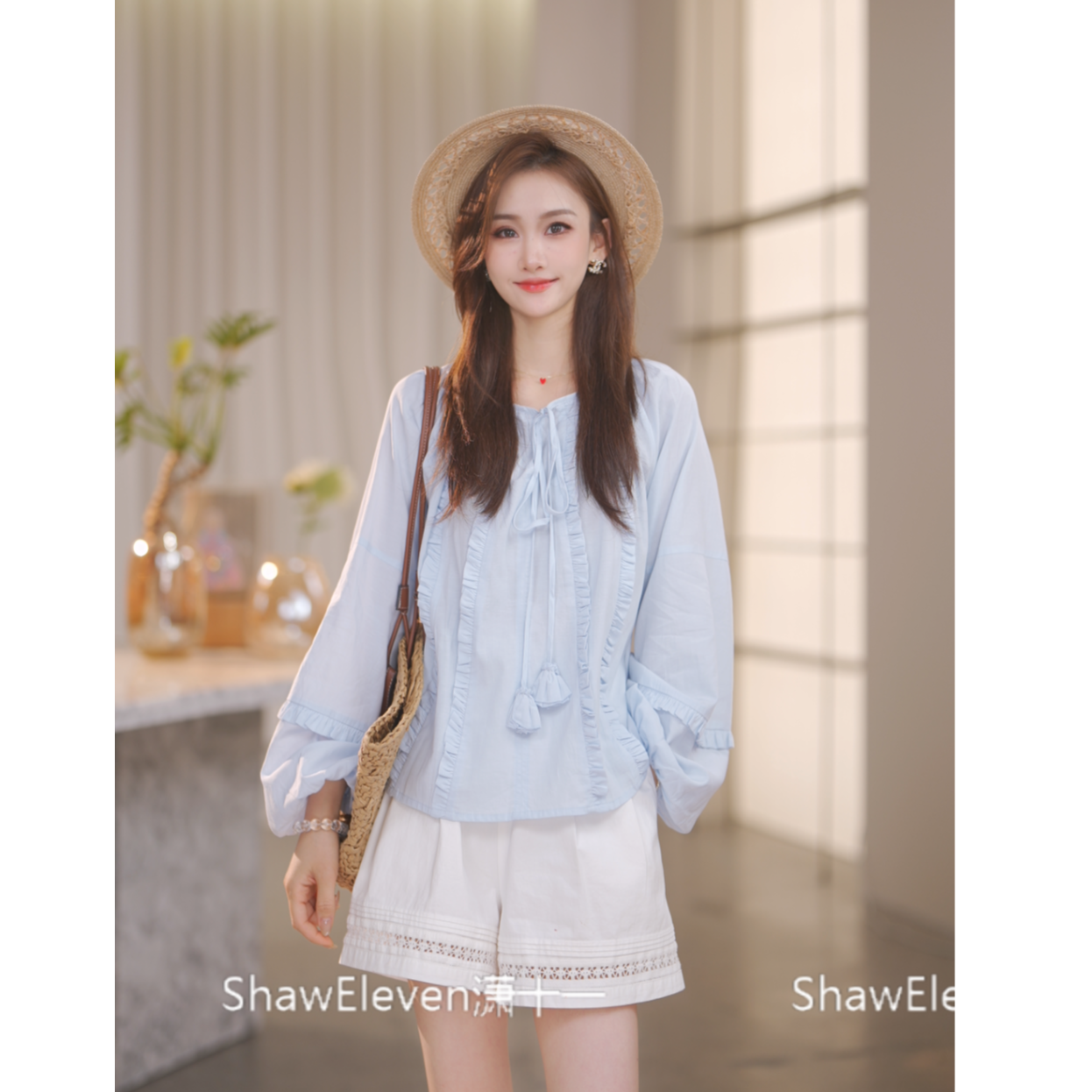 【Shaw Eleven】2025年秋法式蓝色褶皱系带纯色长袖衬衫881208