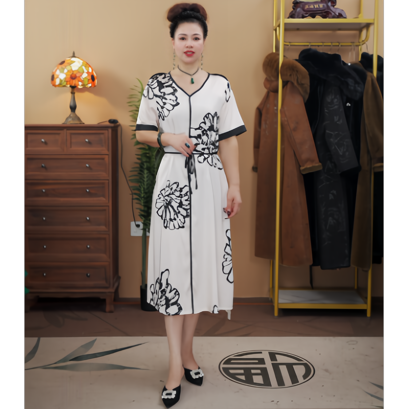 2653  夏季高端轻奢气质名媛国风水墨印花系带显瘦女装连衣裙