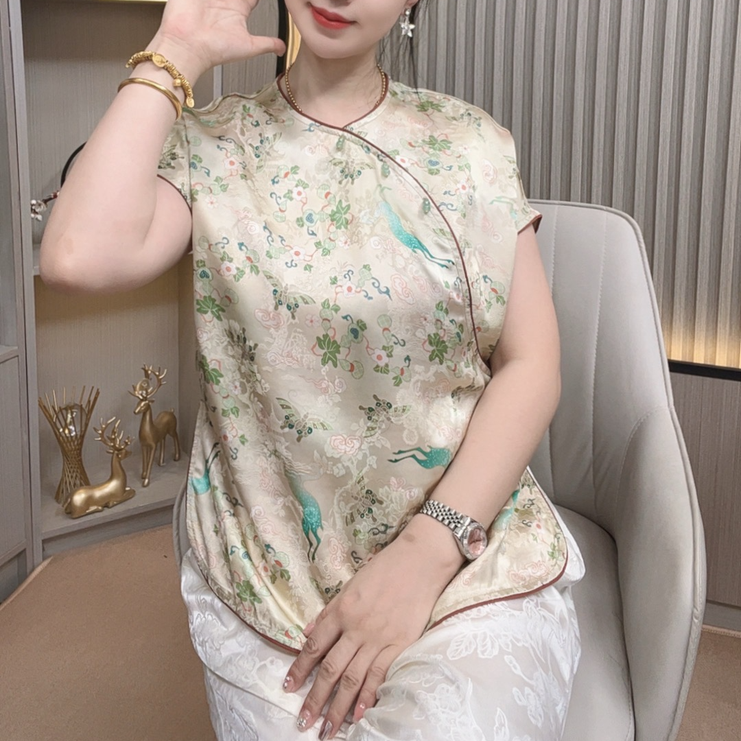 【一鹿生花】中式上衣改良版斜襟盘扣气质短袖