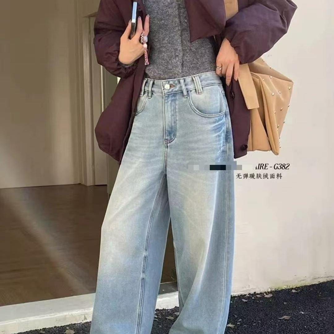 XX 加绒浅色G382冬季新款高腰无弹十分阔腿弯刀裤~