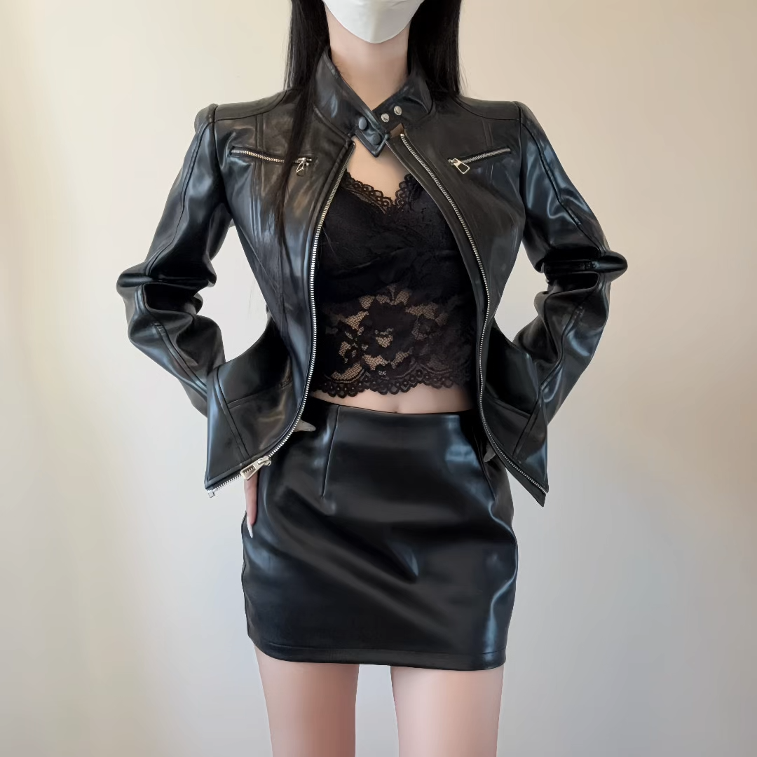 iqcq气球熊美式辣妹风短款立领修身皮衣外套女秋美背包臀短裙套装