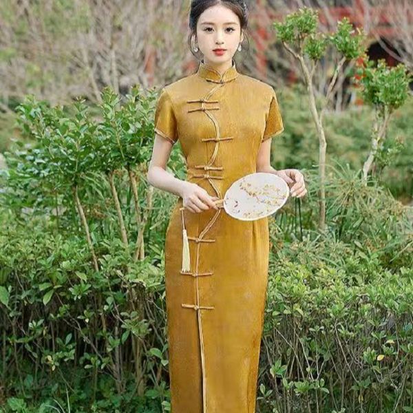 醋酸缎旗袍新款老上海前开襟十扣长款复古新中式中国风畅销旗袍裙