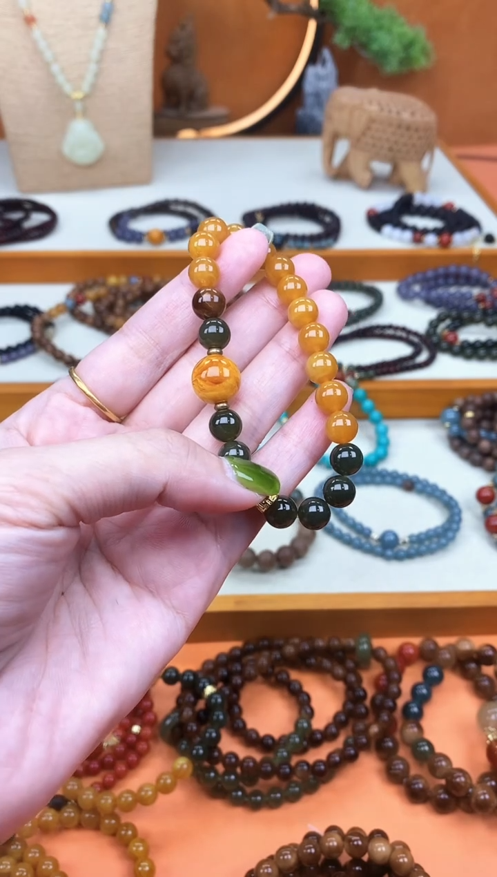 未镶嵌蜜蜡手链单圈蜜蜡和田菠菜绿手串