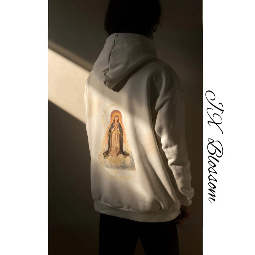[JIANGMOYAN]560g重磅圣母玛丽亚印花刺绣logo加绒加厚连帽卫衣