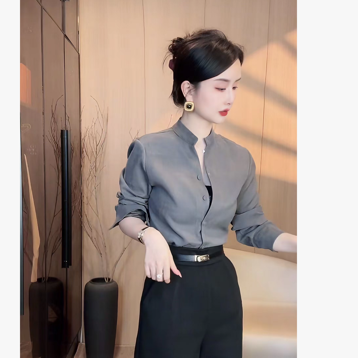 刘欣服饰 秋冬装显瘦气质洋气加厚秋冬款细纹磨毛衬衣上衣5248