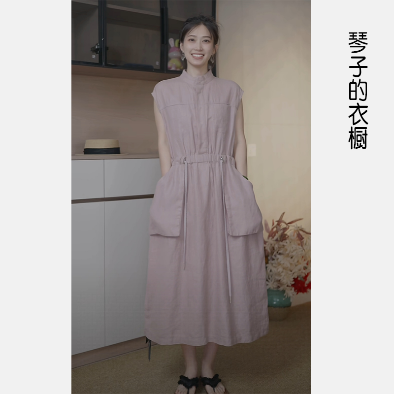 【琴子】夏季苎麻宽松中式工装风显瘦中长款连衣裙女