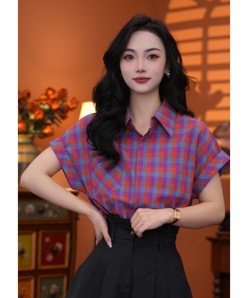 西西【棋盘格】港味复古时尚气质短袖上衣02276