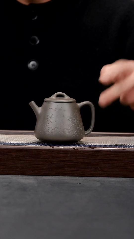 【闪购商品】紫砂茶壶天青刻绘高瓢