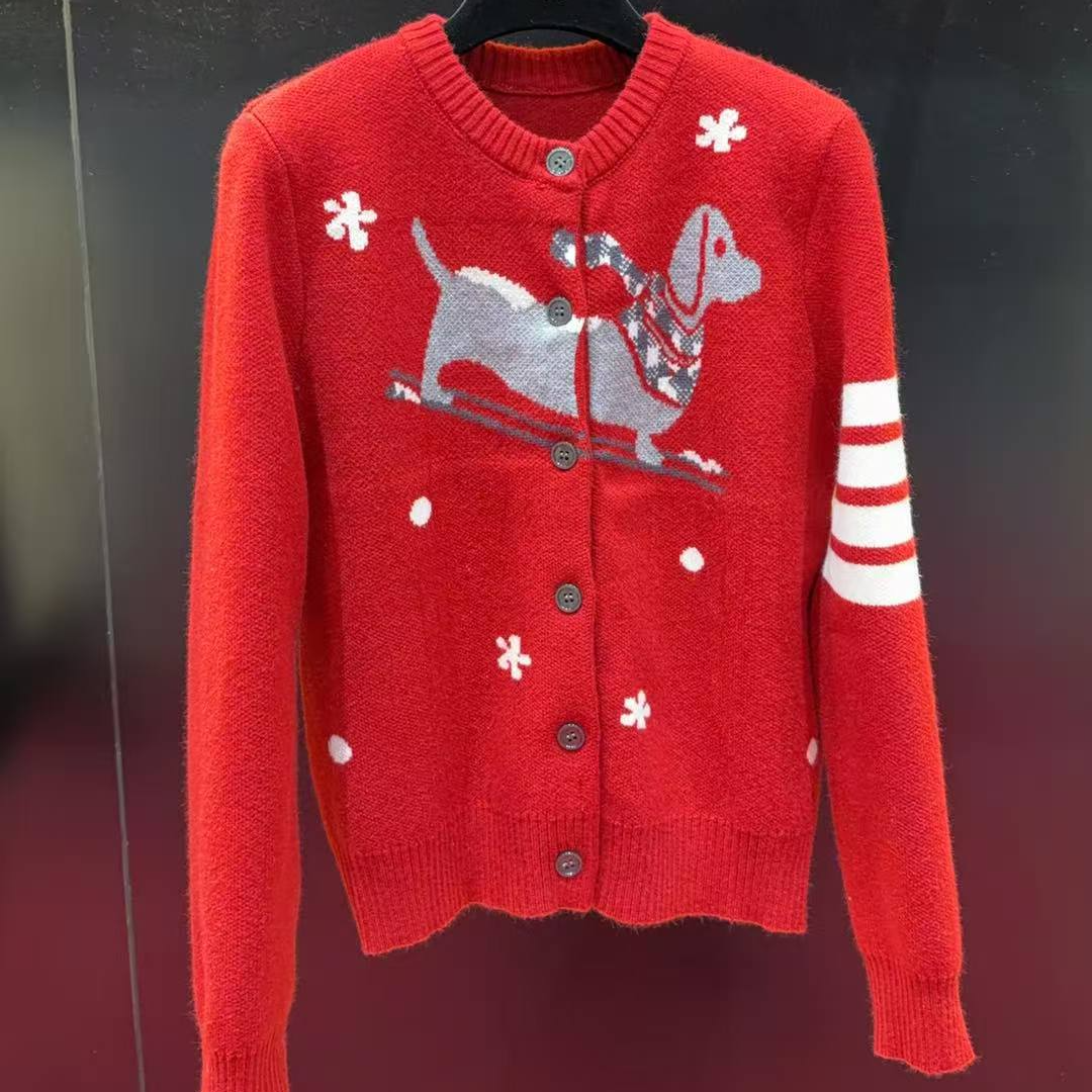 CX圆领小狗提花毛衣针织开衫软糯宽松显瘦长袖上衣1122