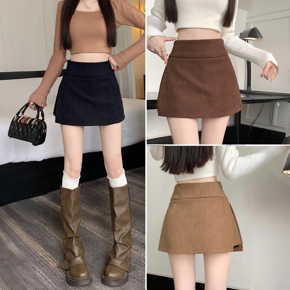 开叉短裙高腰鹿皮绒半身裙女春季2025新款A字裙包臀裙裤裙裙子潮
