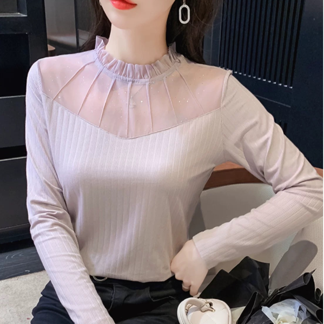 半高领蕾丝打底衫女2025秋冬新款长袖时尚网纱拼接内搭修身上衣