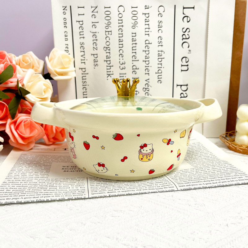 乐园小猫7寸双耳碗泡面碗汤碗可爱卡通家用创意学生陶瓷陶瓷带盖