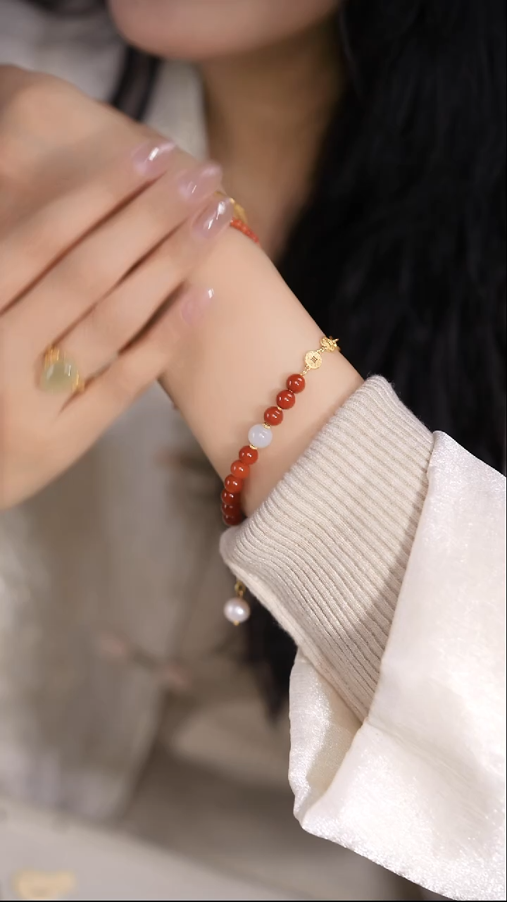 【闪购商品】南红玛瑙手串银S925镀金镶嵌孤品南红单圈手串