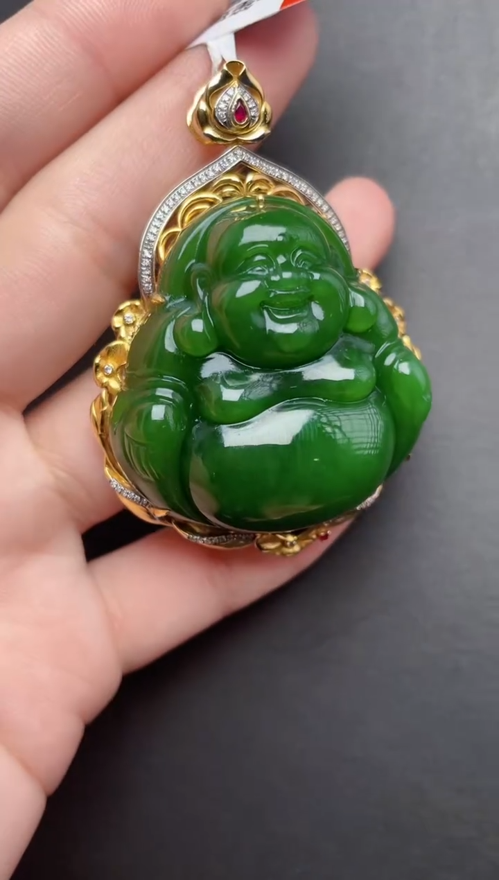 【闪购商品】和田玉佛公吊坠18K金镶嵌收藏级佛公吊坠