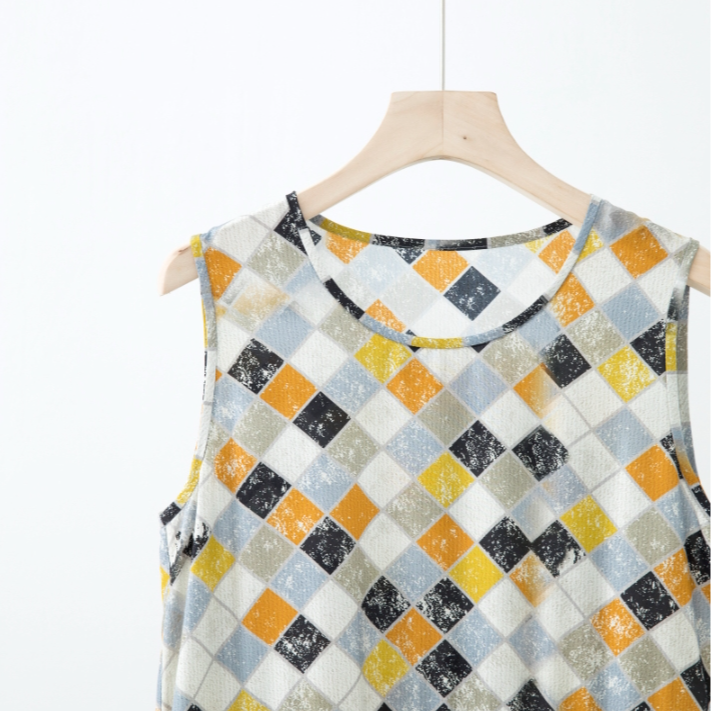 缤纷菱格艺术真si圆领无袖高腰连衣裙DR3E0622