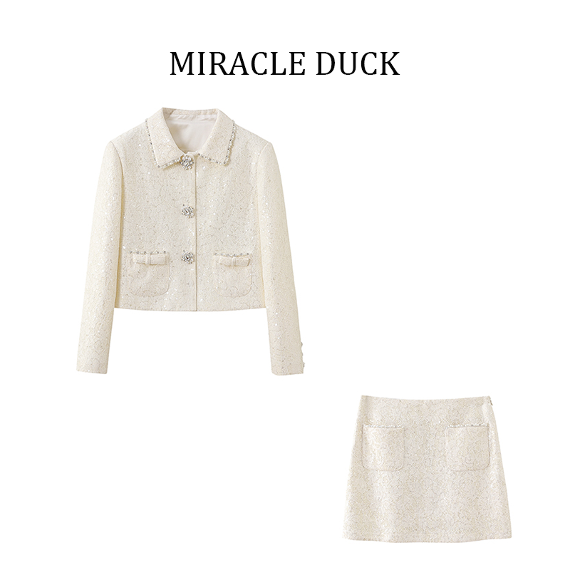 2号【刘些宁同款】秋冬气质亮片钉珠米白小香风短裙外套套装C1937