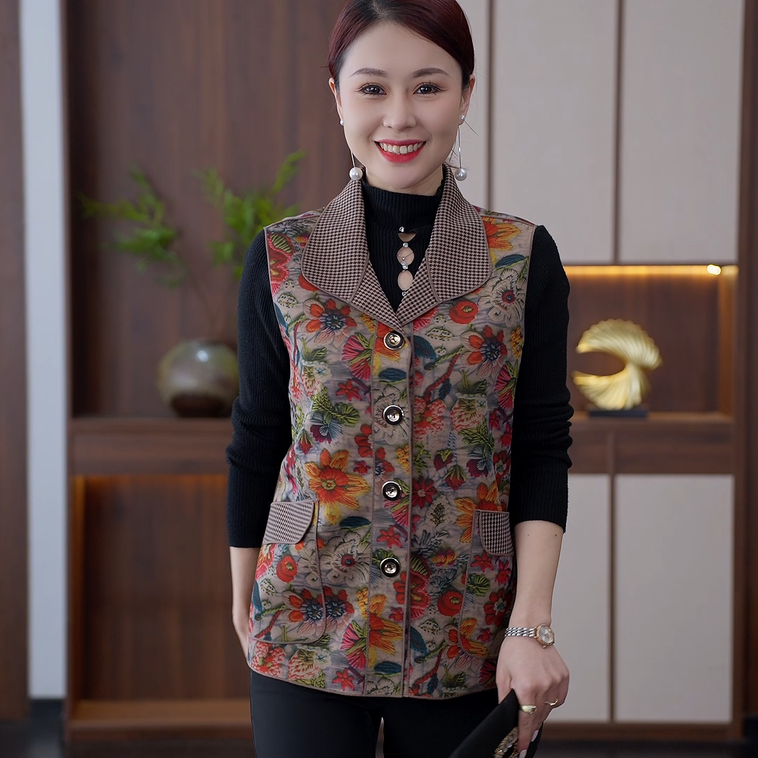 春秋新款印花中老年休闲宽松马甲坎肩气质